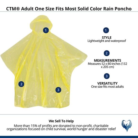 CTM Adult One Size Fits Most Solid Color Rain Poncho - Picture 3 of 3
